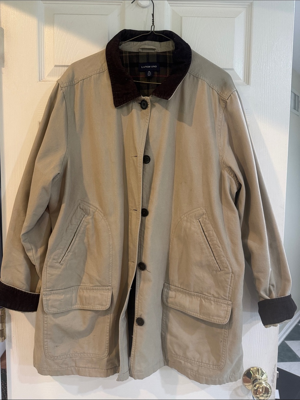 Lands’ End Lined Khaki Field Jacket with Dark Brown Corduroy Trim